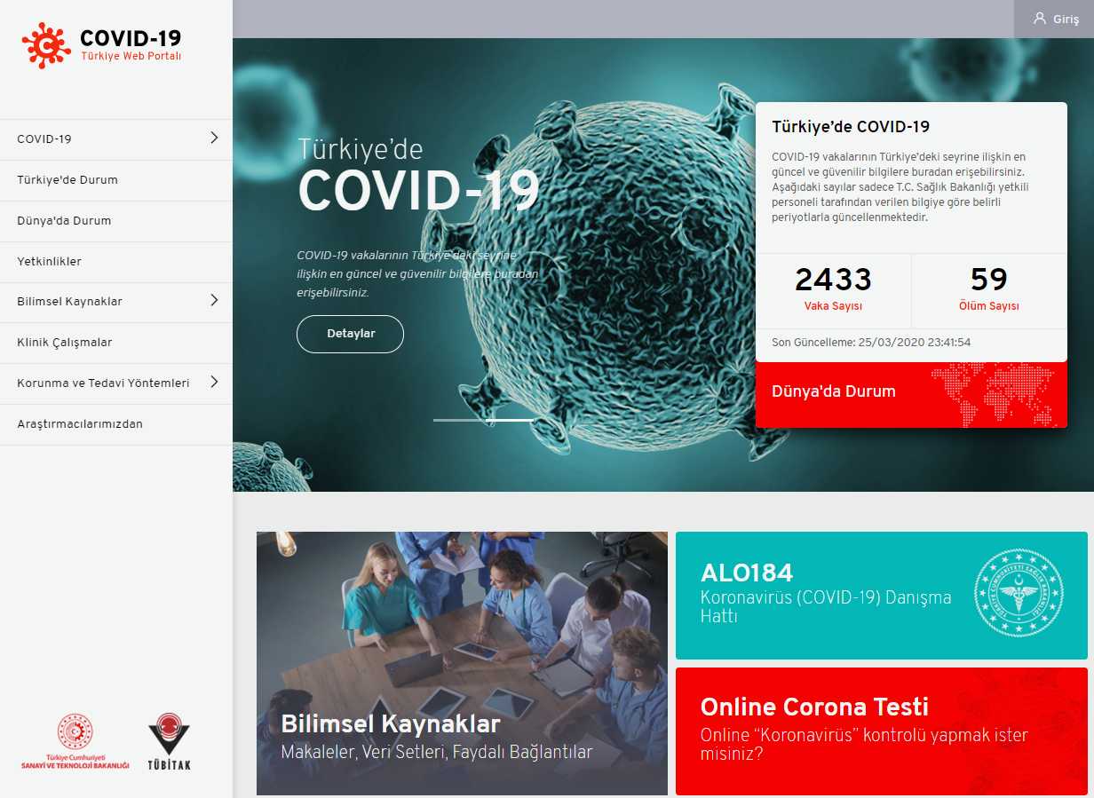 Tübitak covid-19 Türkiye web portalı