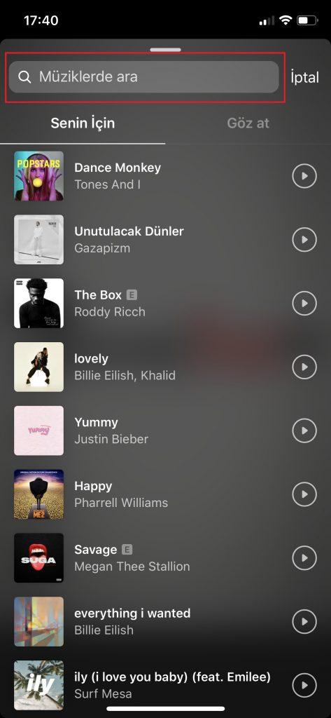 Instagram müzik özelliği