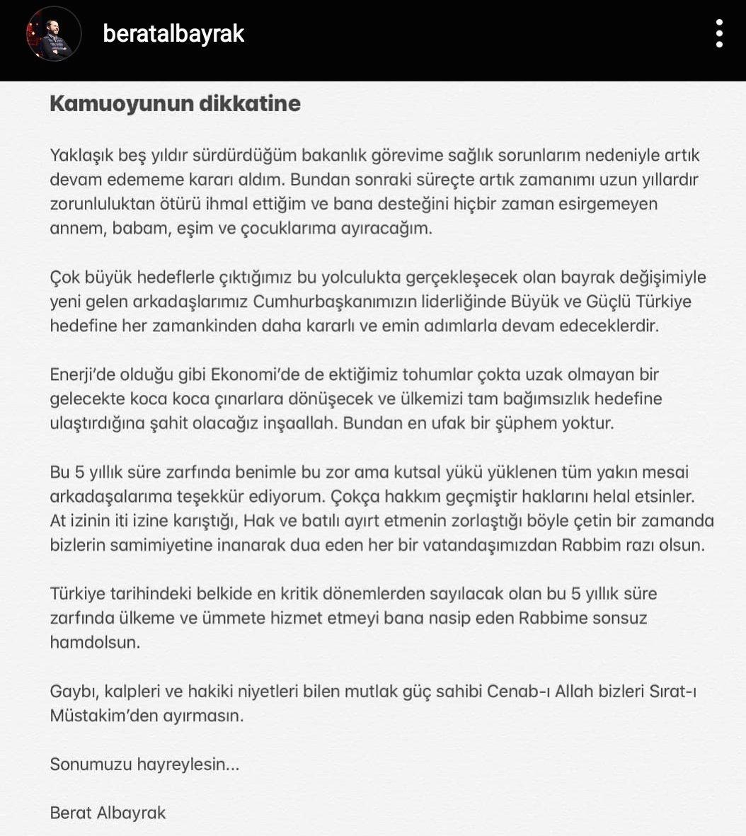 berat albayrak istifa etti
